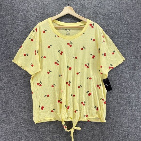 New OnFire T-Shirt Women 3X Plus Yellow Cherry Print Crew Neck Short Sleeve - Picture 1 of 10